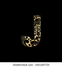 Golden Floral Ornamental Alphabet, Initial Letter J Font. Vector Typography Symbol for Gold Wedding and Monograms Isolated Ornament Design on Black Background