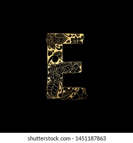 Golden Floral Ornamental Alphabet, Initial Letter E Font. Vector Typography Symbol for Gold Wedding and Monograms Isolated Ornament Design on Black Background