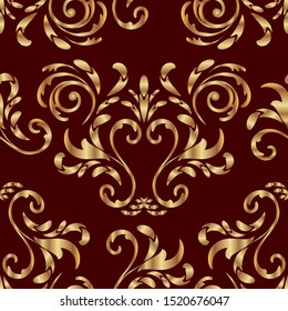 Golden floral  pattern on a dark red background, damask seamless wallpaper