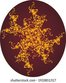 Golden floral pattern on a dark red background inscribed in an oval or egg