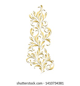 Golden floral pattern. Ornamental border. Flowery swirls and flowers. Decorative design element.