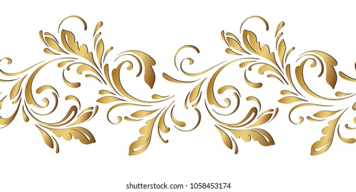 Golden floral pattern. Ornamental seamless border. Flowery swirls and flowers. Decorative design element for background.