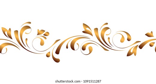 Golden floral pattern. Ornamental seamless border. Flowery swirls and flowers. Decorative design element for background.