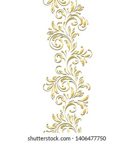 Golden floral pattern. Ornamental seamless border. Flowery swirls and flowers. Decorative design element for background.