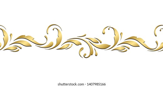 Golden floral pattern. Ornamental seamless border. Flowery swirls and flowers. Decorative design element for background.