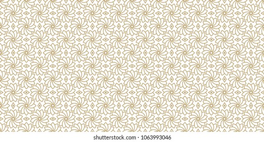 Golden floral pattern, part 02. Seamless golden pattern with flower in outlines and rhombuses on the white background. Can use for wrapping paper, textile and gift pack