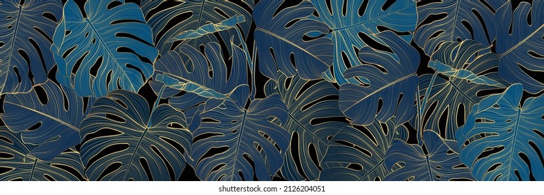 Golden floral pattern with Tropical Monstera plant. Tropical leaves in retro style. Hand drawn blue leaves pattern. Line art. 