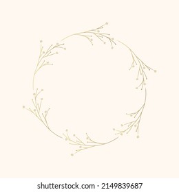 Golden floral round frame. Hand drawn vector wreath with herbs for wedding invitations and greeting cards.
