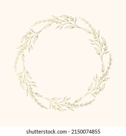 Golden floral round frame. Hand drawn vector wreath with herbs, twigs and flowers.