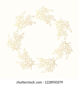 Golden floral round hand drawn frame. Vector isolated design elements. Vine vintage botanical wreath.