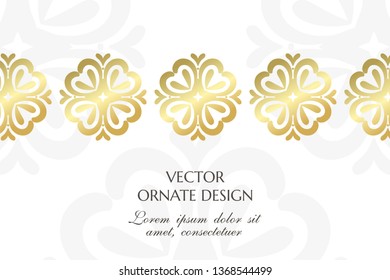 Golden floral rozette. Graceful horizontal banner with ornamental border on the white background. Vector design with decorative elements and copy space for wedding invitation, anniversary card