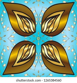 Golden floral seamless pattern. Damask background. Gold floral ornament in baroque style. Golden element on a blue and brown colors.