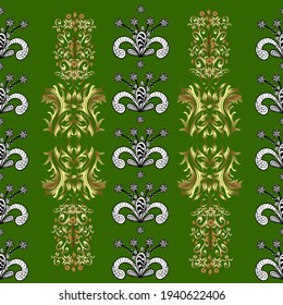 Golden floral seamless pattern. Damask background. Golden element on a white, green and black colors. Gold floral ornament in baroque style.