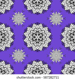 Golden floral seamless pattern. Damask background. Gold floral ornament in baroque style. Golden element on a violet background.
