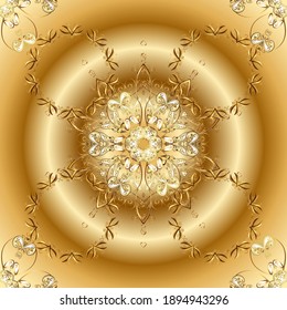 Golden floral seamless pattern. Golden element on a beige and yellow colors. Gold floral ornament in baroque style. Damask background.