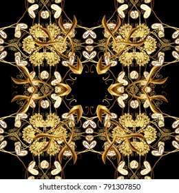 Golden floral seamless pattern. Golden element on a black colors. Damask background. Gold floral ornament in baroque style.