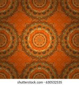 Golden floral seamless pattern. Elements in Victorian style on a orange backdrop. Ornate decor for invitations, greeting cards, thank you message. Vector greed and vignette for design.