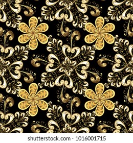 Golden floral seamless pattern. Gold floral ornament in baroque style. Golden element on a black and yellow colors. Damask background.