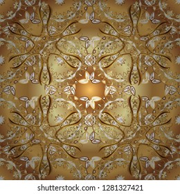 Golden floral seamless pattern. Gold floral ornament in baroque style. Golden element on a beige and brown colors. Damask background.