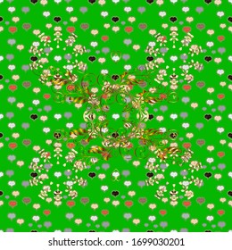 Golden floral seamless pattern. Gold floral ornament in baroque style. Golden element on a green and gray colors. Damask background.