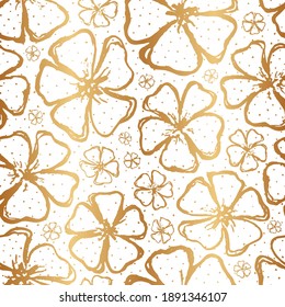Golden floral seamless pattern. Gold spring background. Summer texture. Hand drawn flowers. Design flower for wallpapers, wrappings paper, gift wrappers, prints. Repeated pattern. Vector illustration
