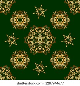 Golden floral seamless pattern on green. Vector elements for golden templates. Ornate decor for invitations, greeting cards, labels, badges, tags. Luxury ornament in Eastern style.
