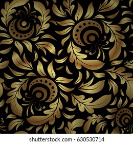 Golden floral seamless pattern on black. Luxury ornament in Eastern style. Ornate decor for invitations, greeting cards, labels, badges, tags. Vector elements for golden templates.