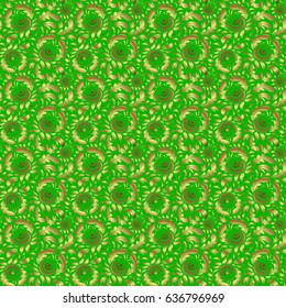 Golden floral seamless pattern on green. Luxury ornament in Eastern style. Ornate decor for invitations, greeting cards, labels, badges, tags. Vector elements for golden templates.