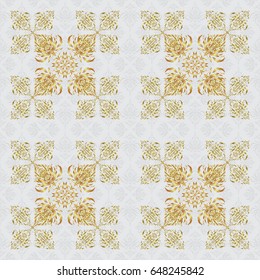Golden floral seamless pattern on gray. Vector elements for golden templates. Luxury ornament in Eastern style. Ornate decor for invitations, greeting cards, labels, badges, tags.