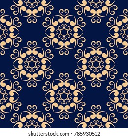 Golden floral seamless pattern on blue background