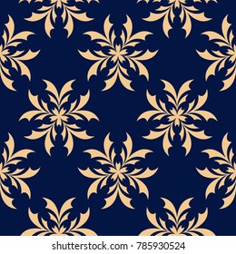 Golden floral seamless pattern on blue background