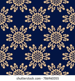 Golden floral seamless pattern on blue background