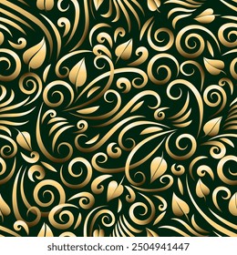 Golden floral seamless pattern. Ornate round shapes flourish branch and leaves effortless background vector illustration