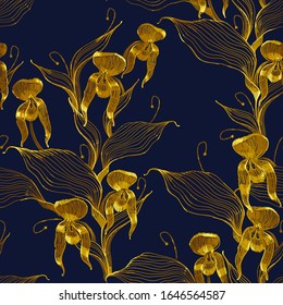 Golden floral seamless pattern. Snap dragon flowers. Summer garden art. Embroidery. Line style. Fashion template for clothes, textiles, t-shirt design. Renaissance art 