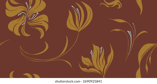 Golden floral seamless pattern stylized decorative leaf design. Elegant ornamental wallpaper background.