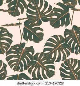 Golden floral seamless pattern with Tropical Monstera plant. Tropical leaves in retro style. Hand drawn green leaves pattern. Line art. 
