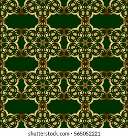 Golden floral seamless pattern. Vector greed and vignette for design. Elements in Victorian style on a green backdrop. Ornate decor for invitations, greeting cards, thank you message.