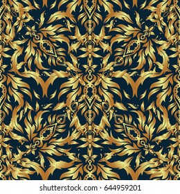 Golden floral seamless pattern. Vector greed and vignette for design. Elements in Victorian style on a blue backdrop. Ornate decor for invitations, greeting cards, thank you message.