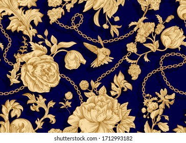  Patrón dorado sin fisuras. Papel mural botánico vectorial vintage. Flores doradas sobre el fondo azul. Diseño para papel pintado, textil, tela, cubierta, alfombra, alfombra, tela, envolver papel 