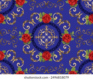 Golden floral seamless pattern. Vintage vector botanical wallpaper. Royal wallpaper seamless pattern. Gold scroll pattern and red flat roses. Vintage vector ornament. Luxurious seamless pattern.