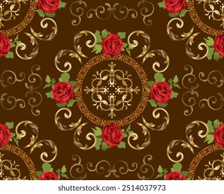 Padrão floral dourado sem emenda. Vintage papel de parede botânico vetor. Royal papel de parede padrão sem costura. Padrão de rolagem dourado e rosas vermelhas planas. Ornamento vetor vintage. Luxuoso padrão sem emenda.