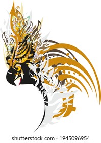 Golden and floral splashes in the head of the parrot. Cute parrot head on a white background for tattoos,  holidays and events, prints on T-shirts, cards, wallpaper, textiles, stickers, etc.