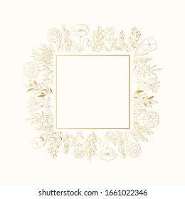 Golden floral square frame with branches, flowers and herbs. Elegant rustic invitation decor for wedding card. Vector isolated spring gold flourish border. 