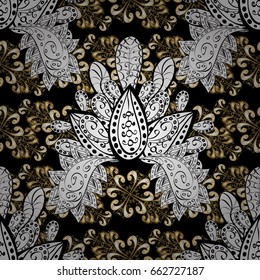 Golden floral wallpaper. Damask background. Seamless pattern. Gold black floral ornament in baroque style. Golden element on black background.