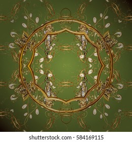 Golden floral wallpaper. Golden element on green background. Damask background. Gold green floral ornament in baroque style. Pattern.