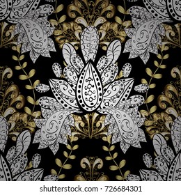 Golden floral wallpaper. Gold black, white and brown floral ornament in baroque style. Golden element on black, white and brown colors. Damask background. Seamless pattern.