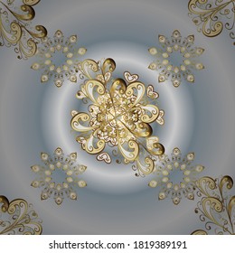 Golden floral wallpaper. Gold gray and neutral floral ornament in baroque style. Damask background. Pattern. Golden element on gray and neutral colors.