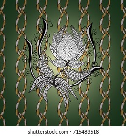 Golden floral wallpaper. Ornamental pattern. Gold green, white and neutral floral ornament in baroque style. Damask background. Golden element on green, white and neutral colors.