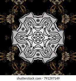 Golden floral wallpaper. Seamless pattern. Damask background. Golden element on black colors. Gold black floral ornament in baroque style.