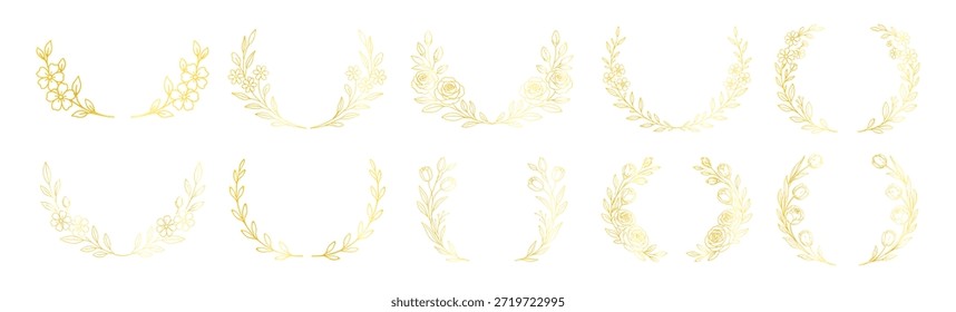 Marcos florales dorados de la corona y bordes botánicos circulares, flores y hojas elegantes del arte de la línea, diseño decorativo de lujo de la invitación de la boda fijado en fondo transparente